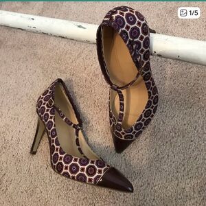 J. Crew Patterned T-Strap Heels in Brown and Cream